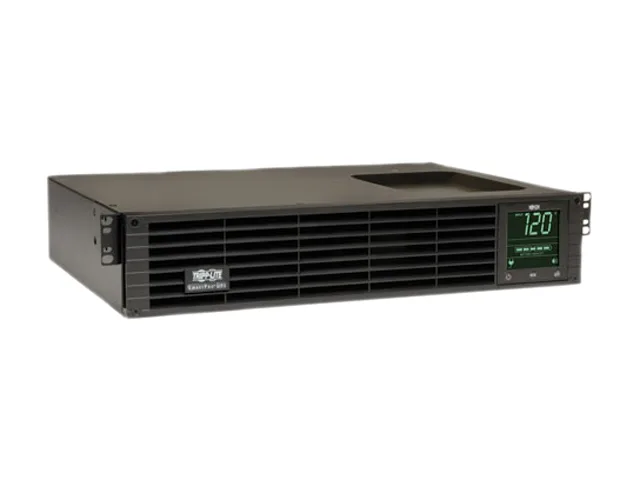 Black 2U rackmount UPS with front LCD display and six rear outlets