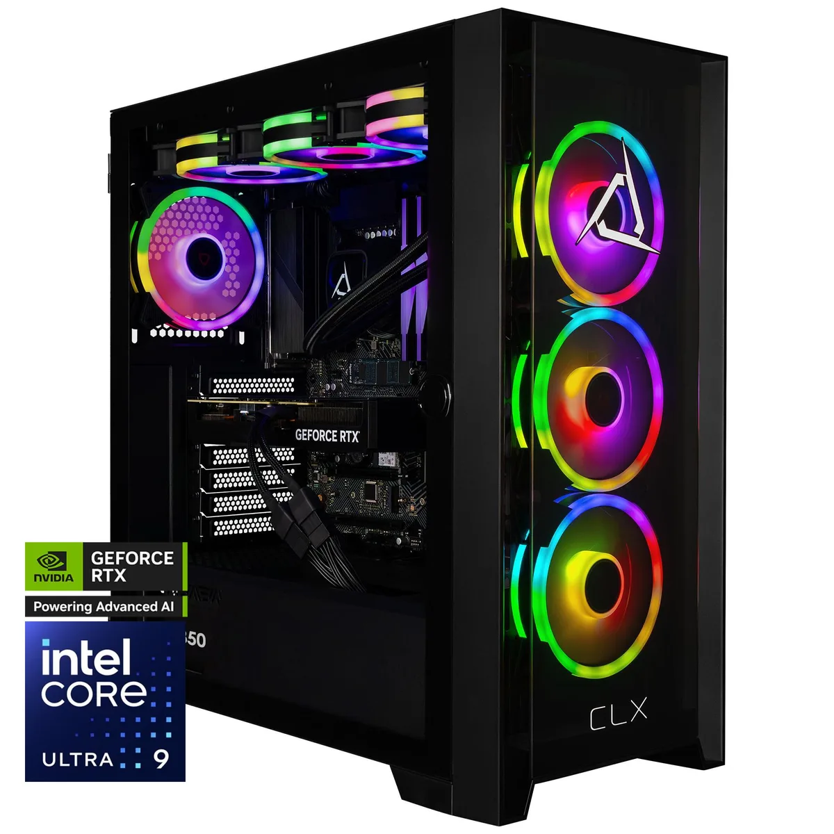 Black mid-tower gaming desktop with liquid CPU cooling