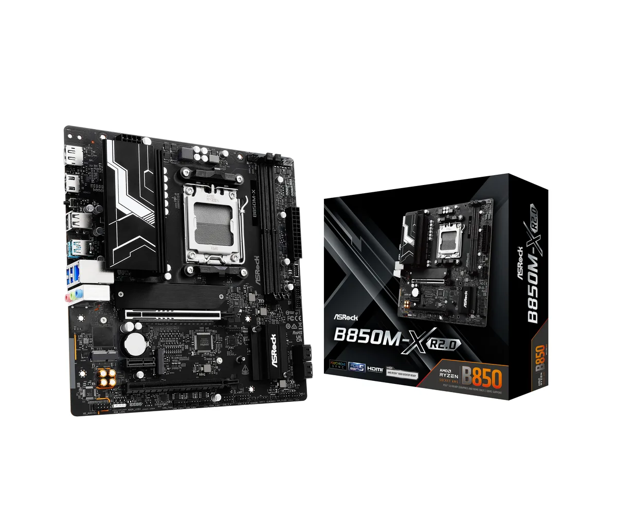Micro-ATX AM5 motherboard with black PCB and silver heatsinks