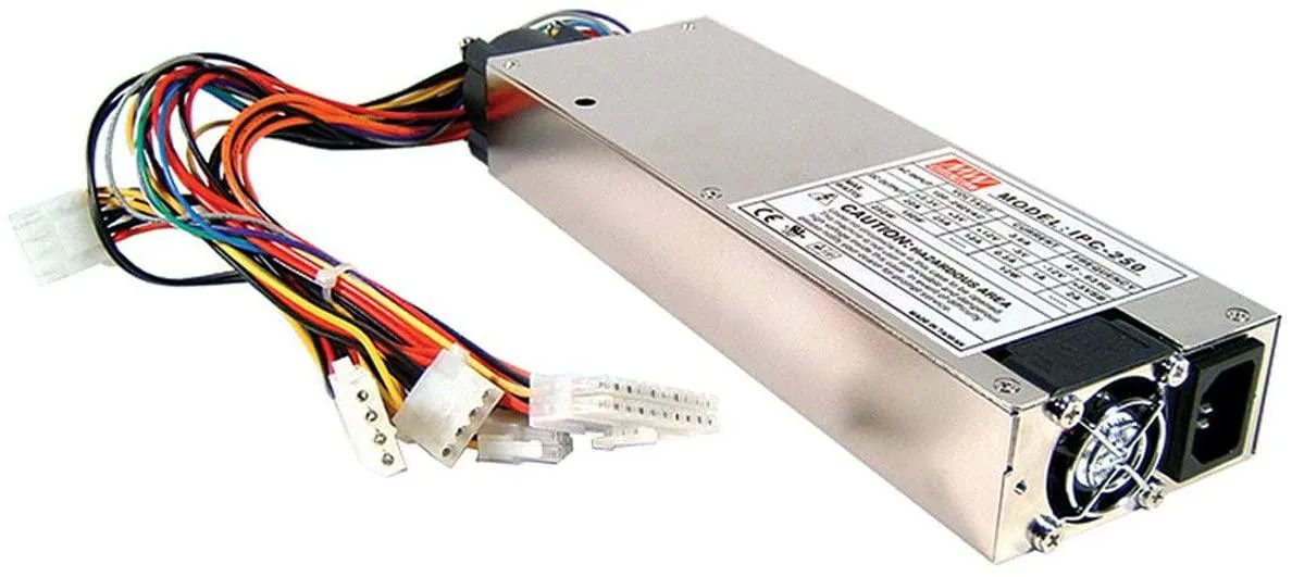 Silver metal 1U ATX power supply unit with rear fan grille and cable bundle