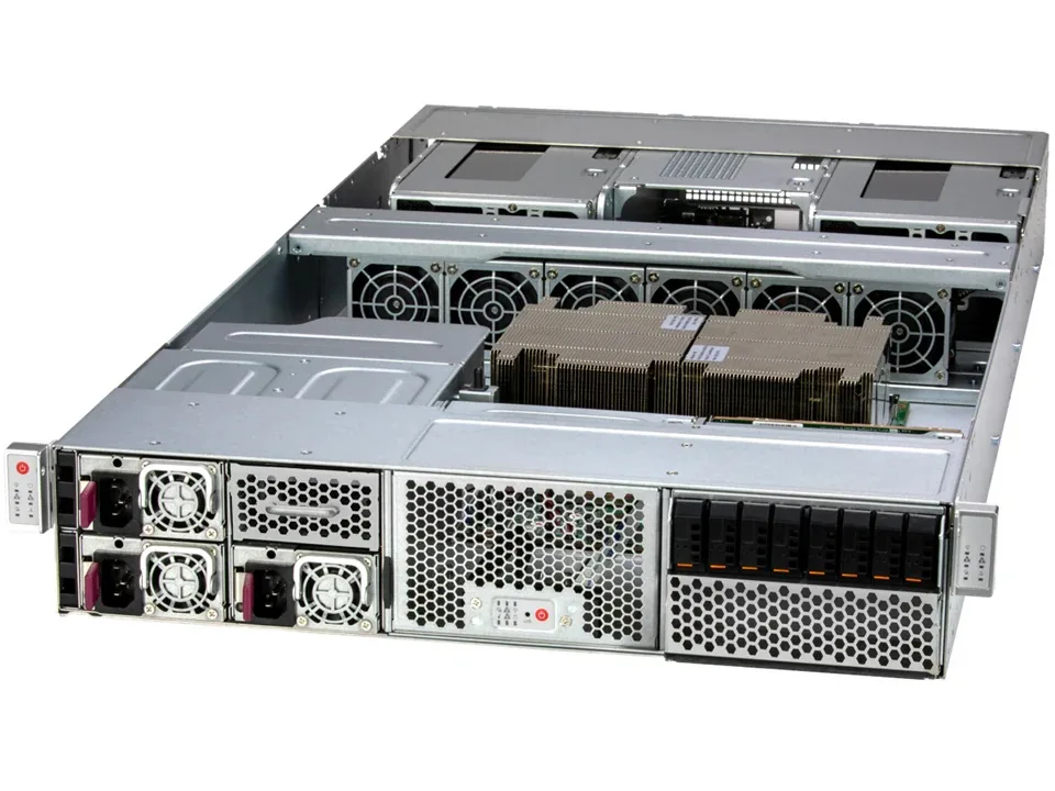 Silver 2U rack server front with eight E1.S drive bays and dual GPU cards visible