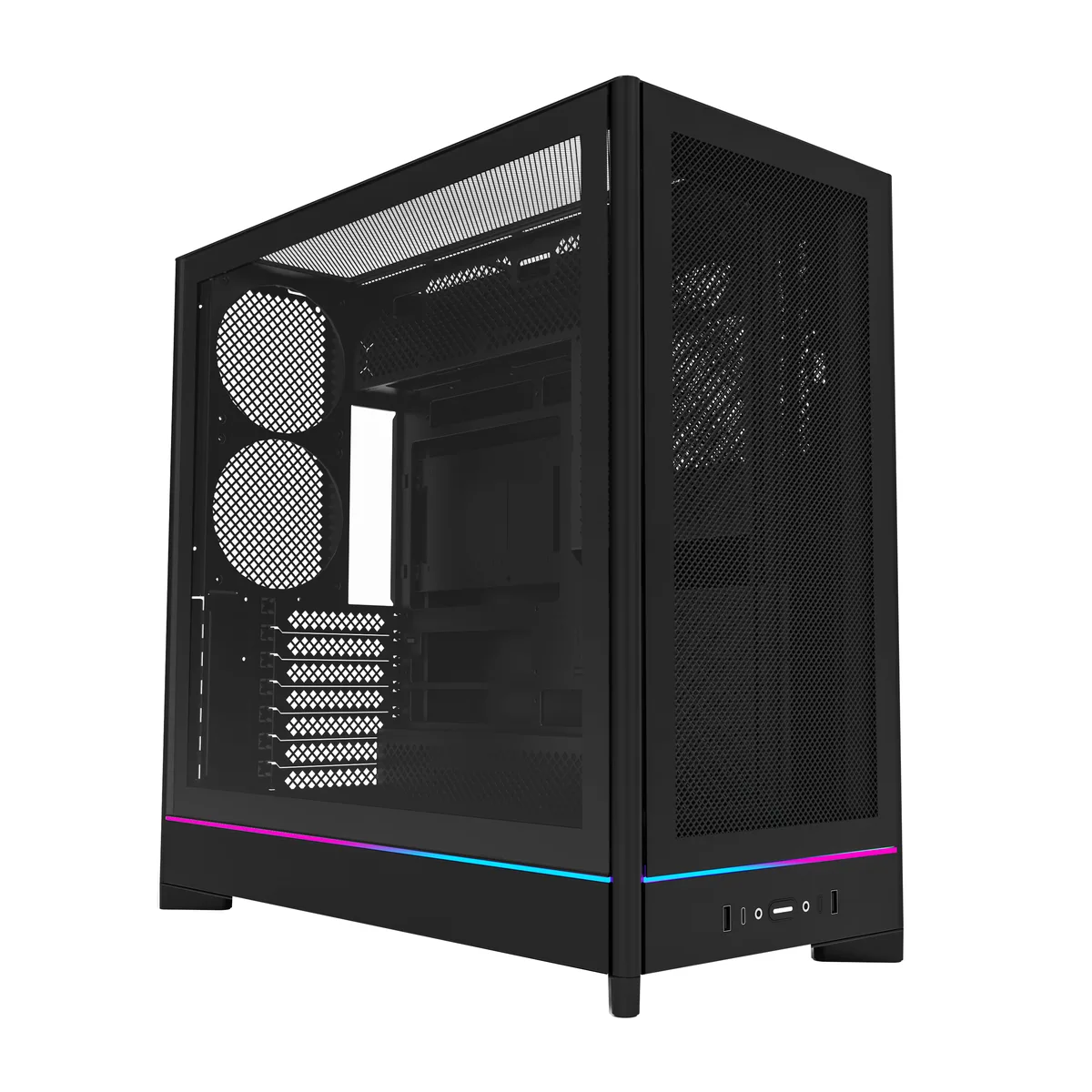 Black mid-tower PC case with mesh front panel and tempered glass side panel