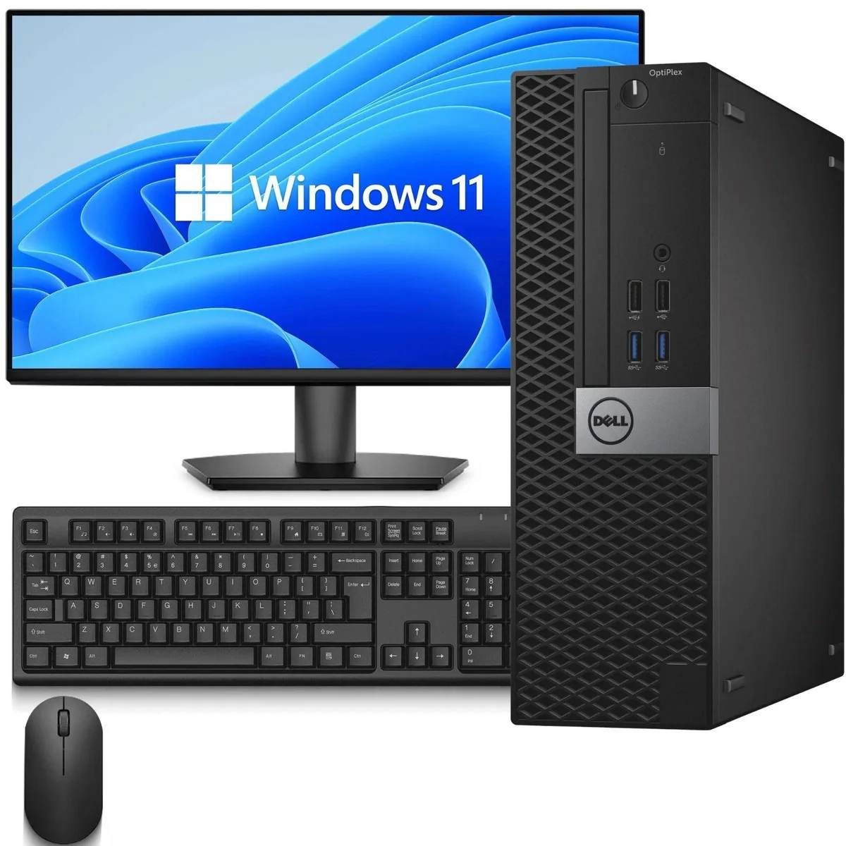 Compact small-form-factor desktop tower with 24-inch LED monitor, keyboard and mouse
