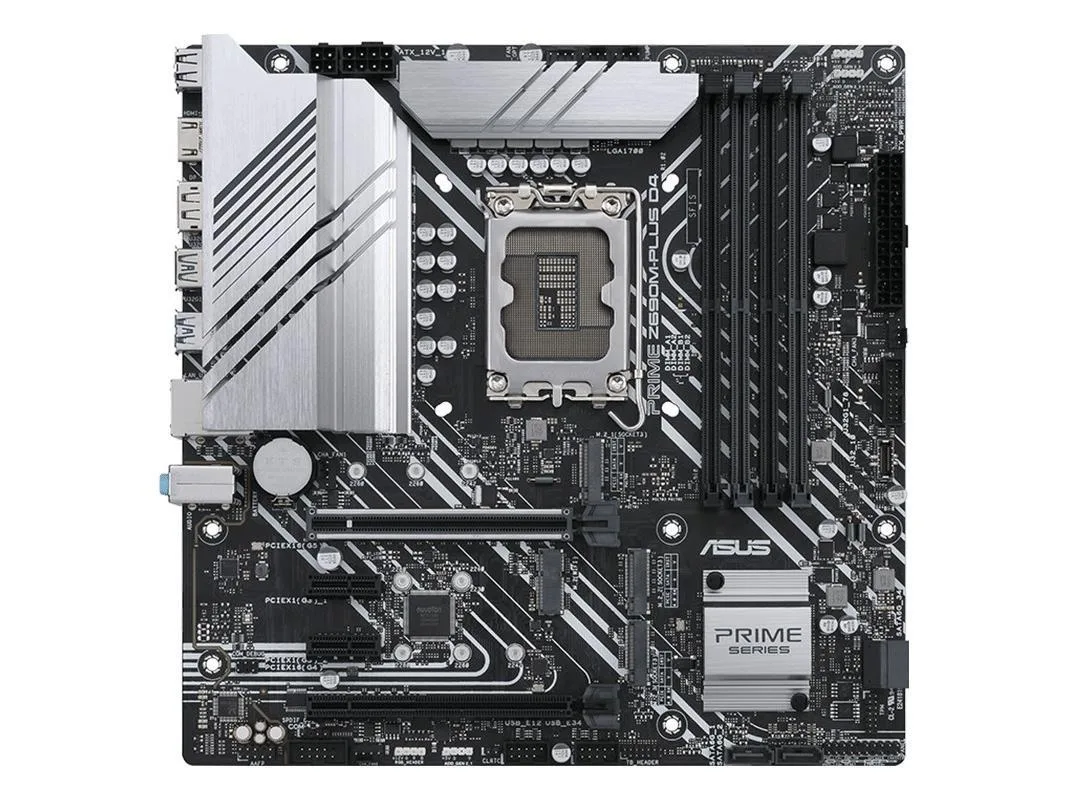 Micro ATX motherboard with black PCB and silver heatsinks