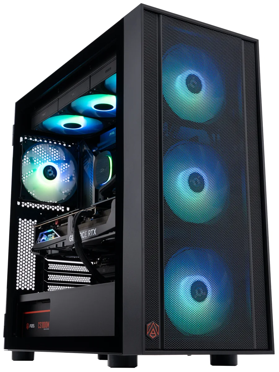 Black micro-tower gaming PC with RGB liquid cooling visible through glass side panel
