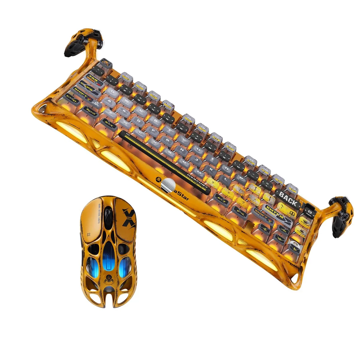 A yellow battle-worn magnesium alloy mouse and matching keyboard combo