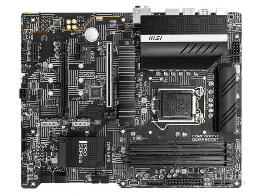 Black rectangular ATX motherboard with silver heatsinks and multiple expansion slots