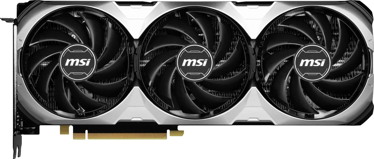 MSI RTX 4070 Ti Ventus triple-fan graphics card in black and silver