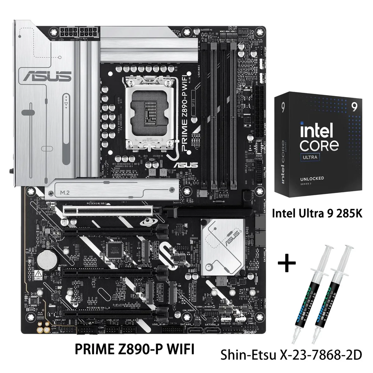 ATX motherboard with silver heatsinks and black PCB, paired with LGA 1851 CPU