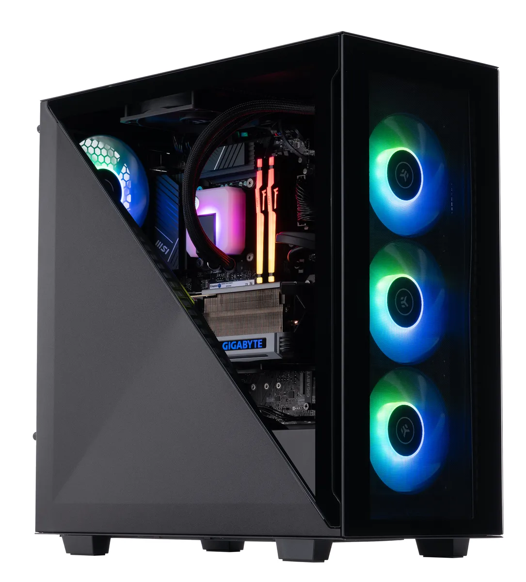 Black mid-tower gaming PC with RGB liquid cooler visible through side panel