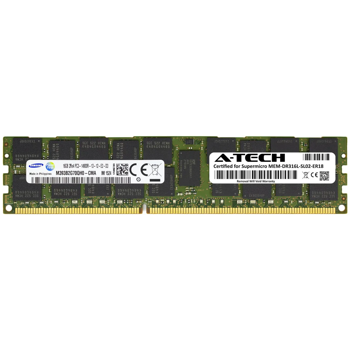 Green rectangular 240-pin DDR3 RDIMM module with black Samsung chips