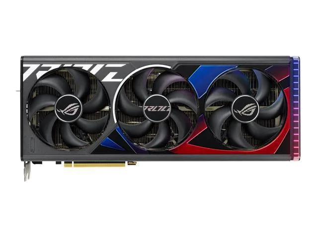 Triple-fan graphics card with a 3.5-slot metal shroud and vented backplate