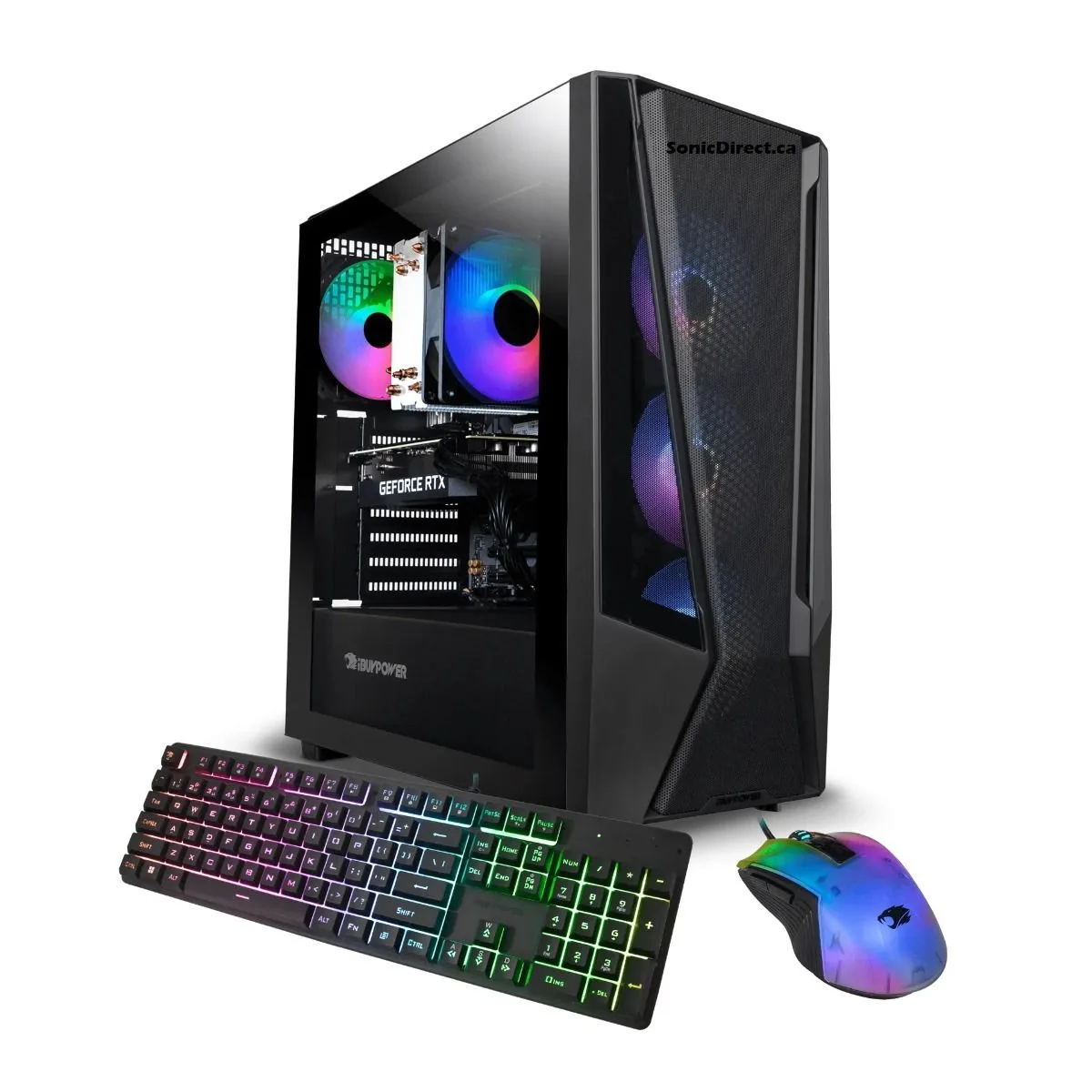 Black mid-tower gaming desktop with mesh front panel and RGB lighting visible inside