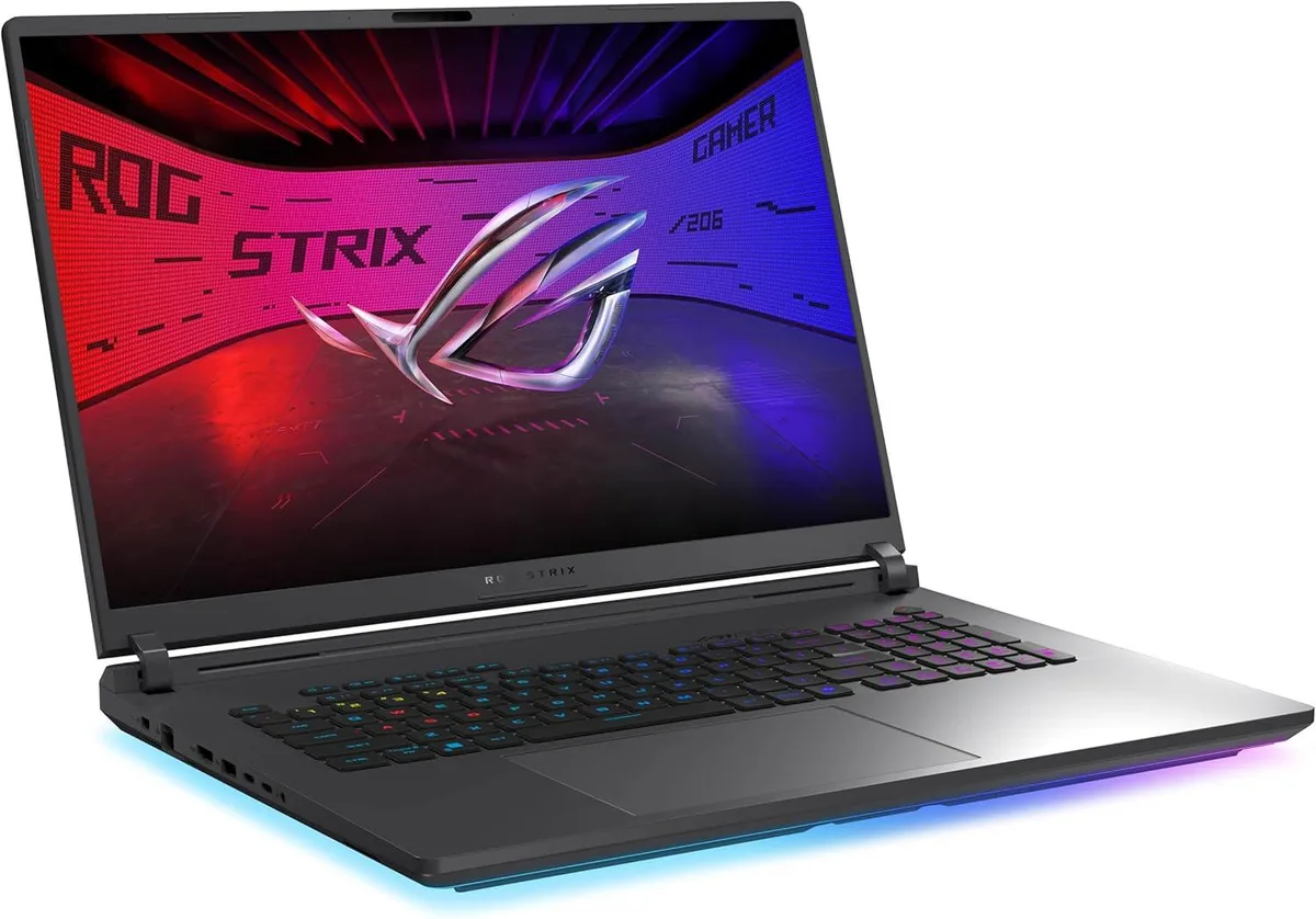 An 18 inch gray gaming laptop with backlit keyboard and thin bezels