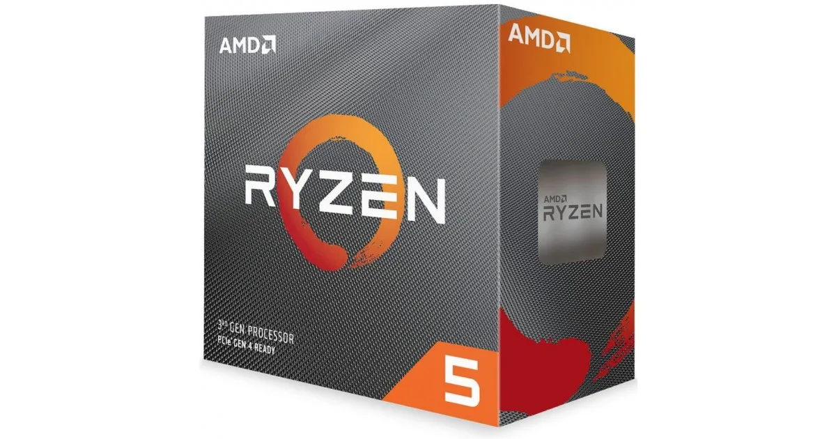 Square green ceramic CPU with gold contacts and silver heatspreader labeled Ryzen 5 3500X, bundled with a black plastic fan heatsink