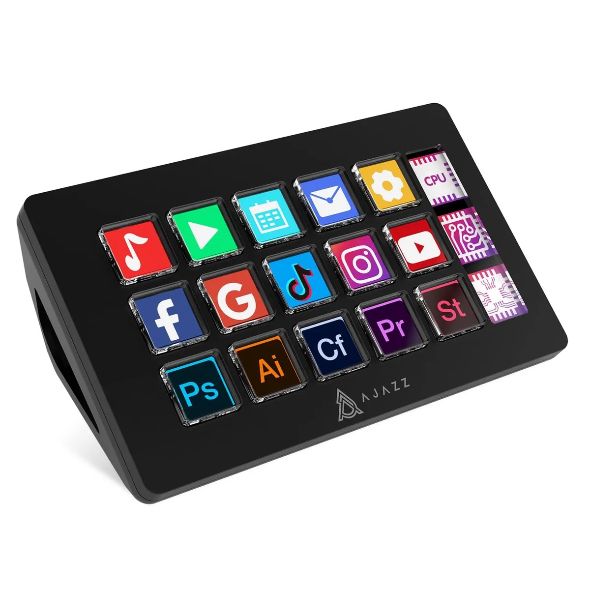 Black rectangular stream controller with 15 square LCD macro keys