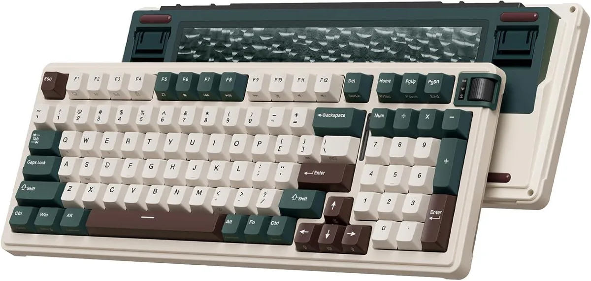 Green full-size wireless mechanical keyboard with metal knob and RGB lighting