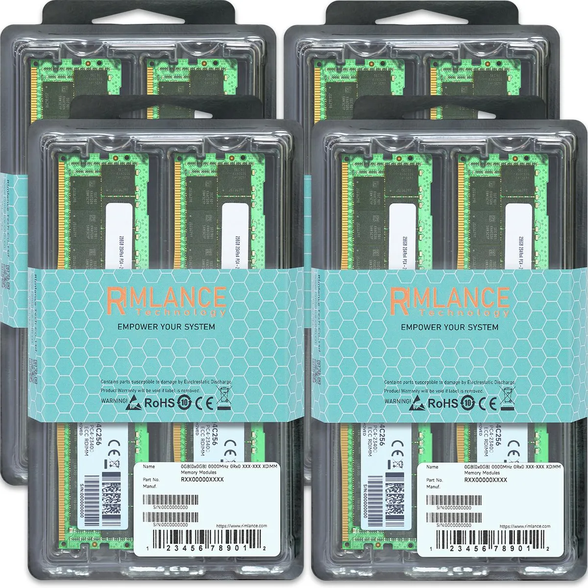 Eight green DDR4 server memory sticks with gold contacts and silver heat spreaders
