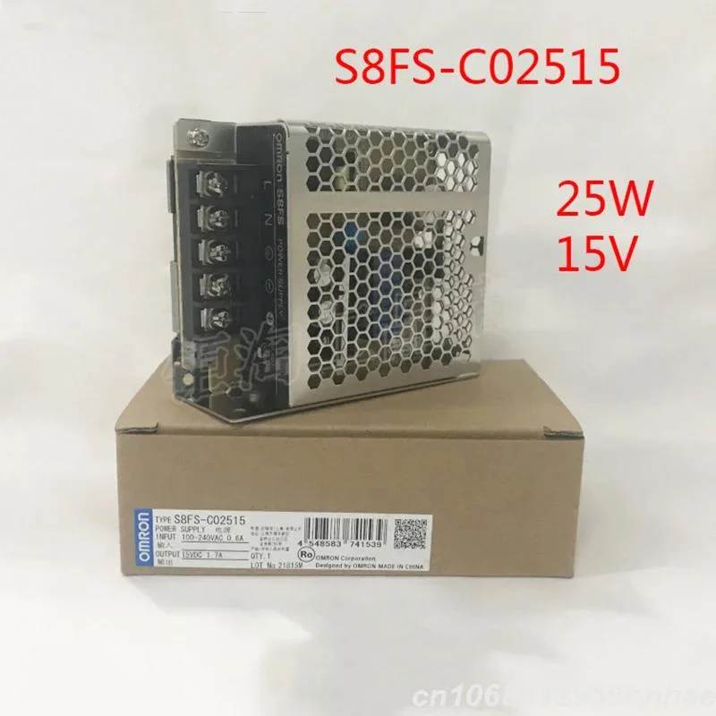 Compact ATX power supply unit, black metal casing with ventilation slots and label showing model numbers