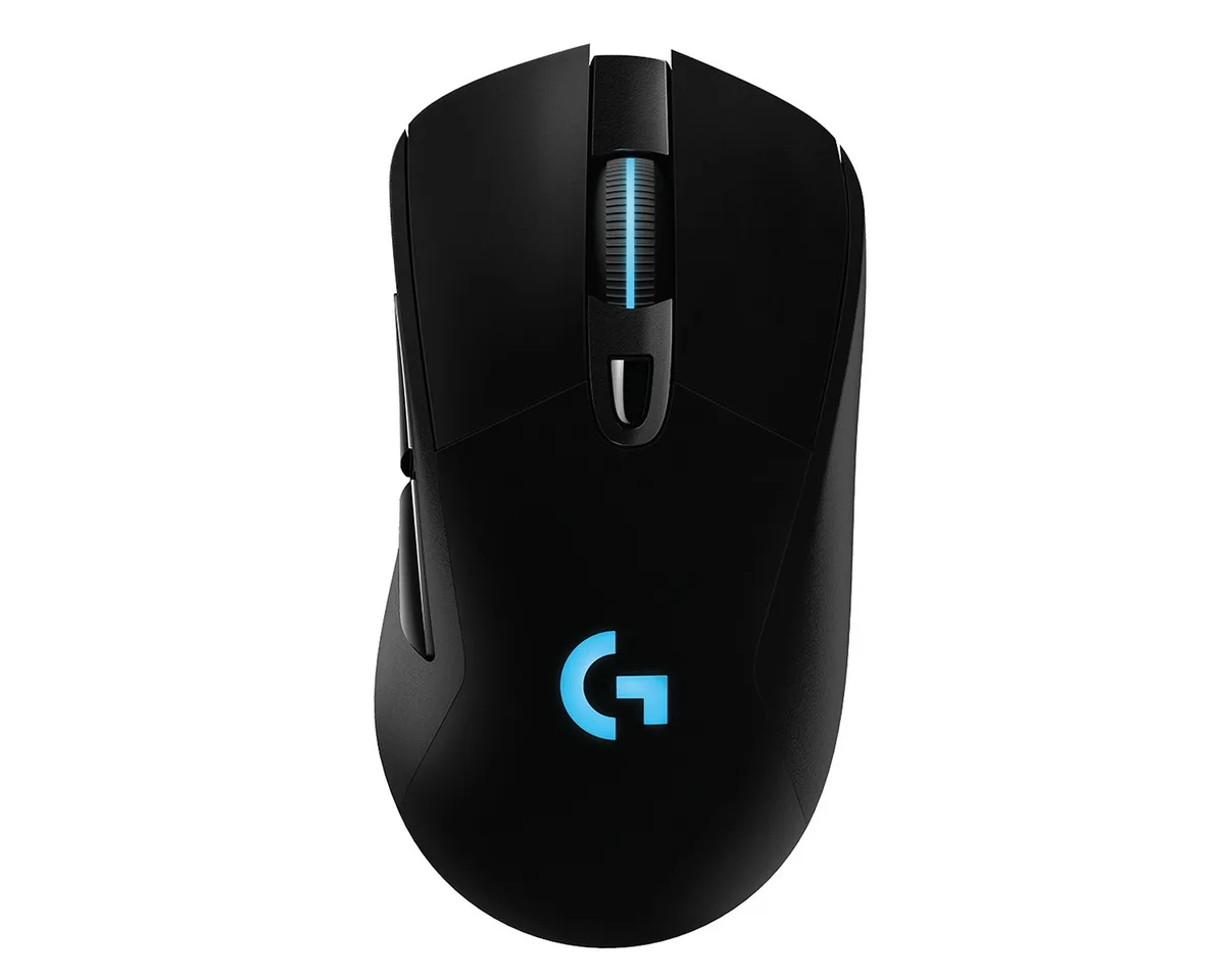 Black right-handed wireless gaming mouse with rubber side grips, scroll wheel, six buttons and optional 10g weight