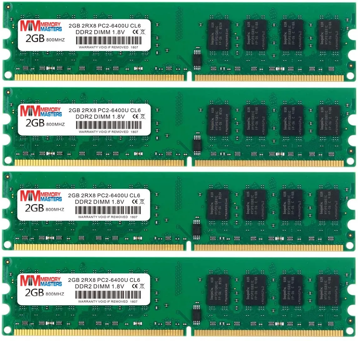 Four green DDR2 memory modules with gold contacts and black chips