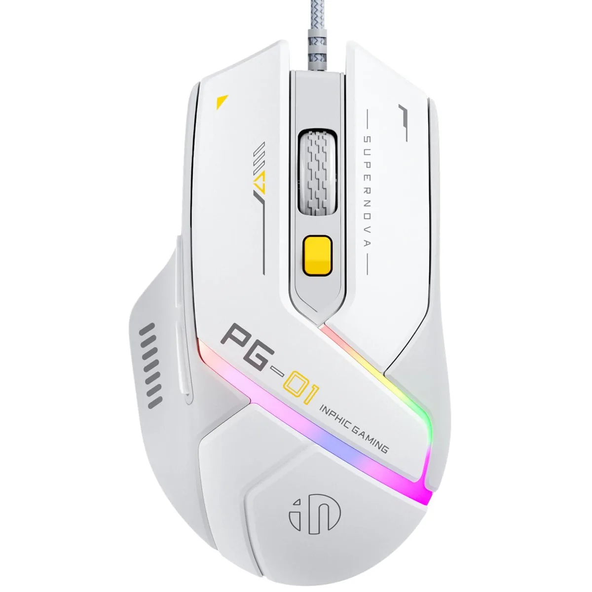 White and grey right-handed wired gaming mouse with six buttons and RGB lighting