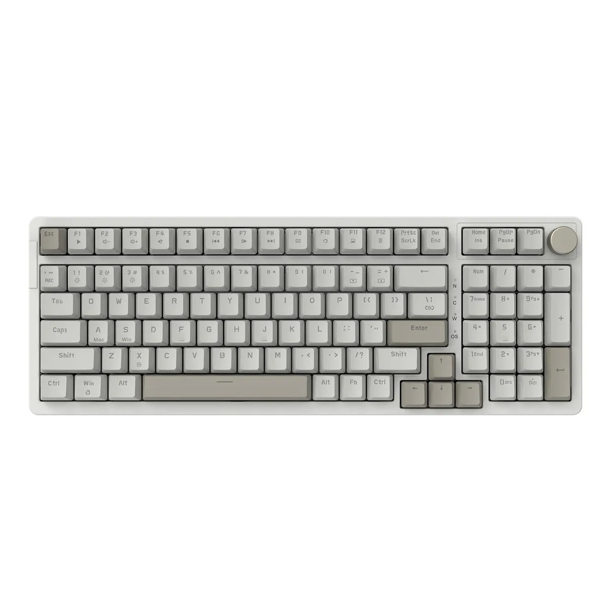 Grey 98-key wired mechanical keyboard with retro white-grey keycaps, ice blue backlight, multimedia knob and USB-C cable