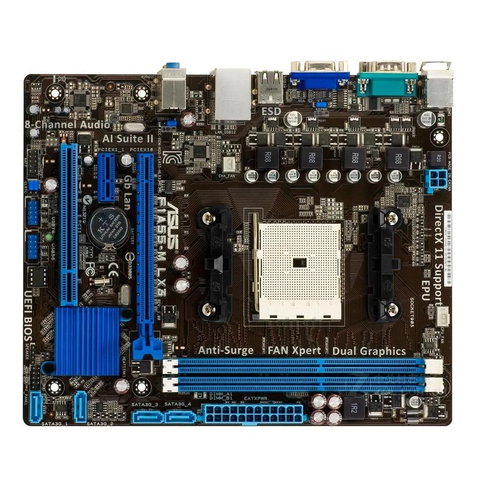 Green Micro ATX motherboard with black sockets and silver heatsinks