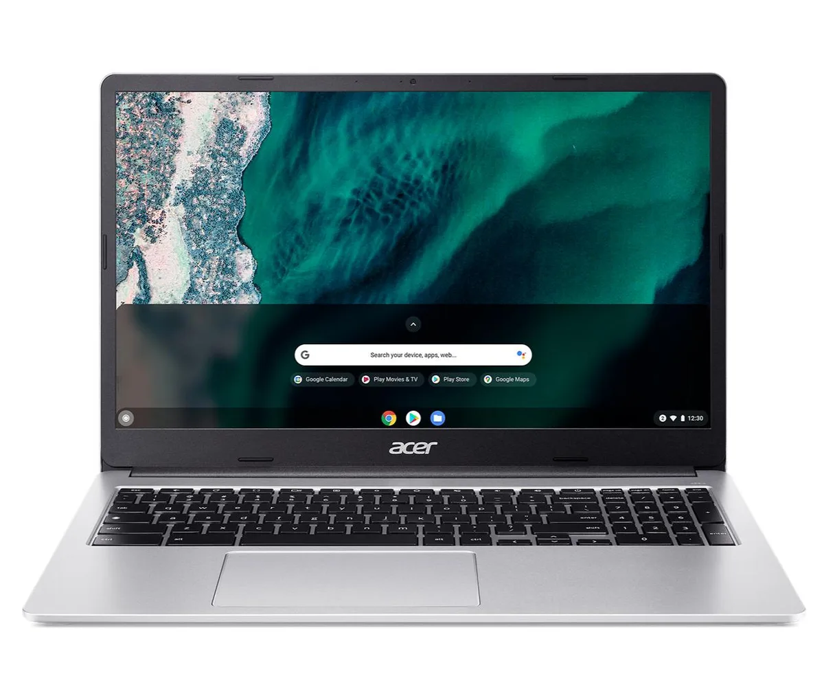 Silver 15.6 inch Chromebook laptop closed on a plain background