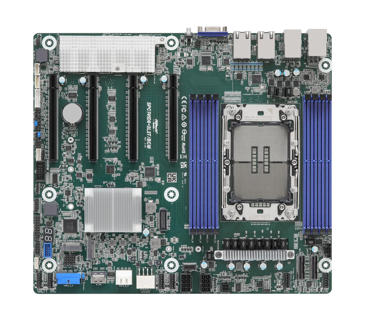 ASRock Rack CEB server motherboard, green PCB with silver LGA 4677 socket, eight DDR5 slots, four full-length PCIe 5.0 x16 slots
