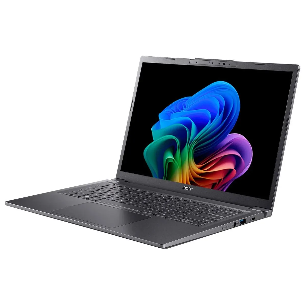 Silver 14-inch touchscreen laptop, slim clamshell with backlit keyboard and thin bezels