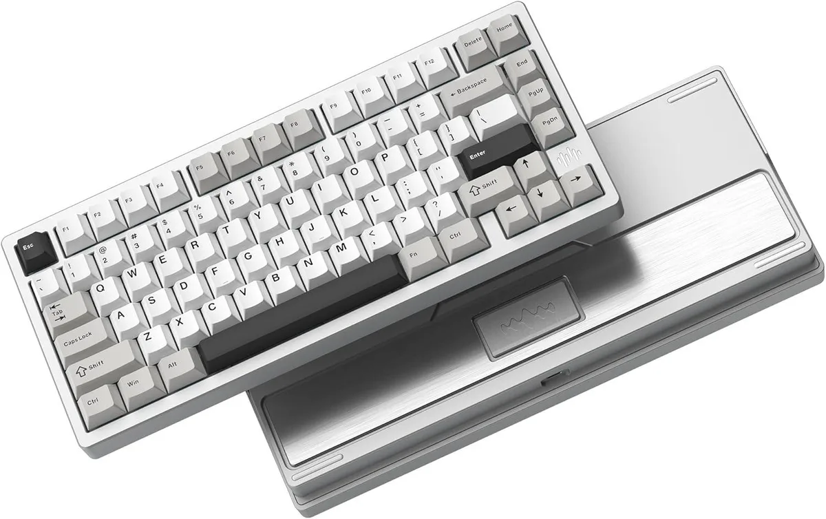 Silver aluminium 75 percent wireless gaming keyboard, low-profile CNC case, RGB backlighting