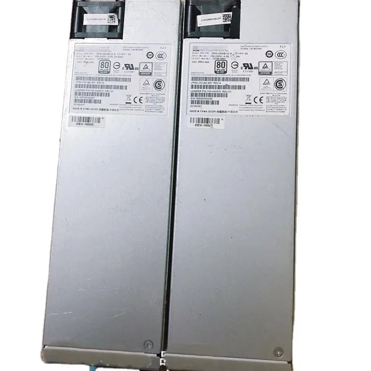 Rectangular silver metal power supply unit with ventilation grille and label sticker