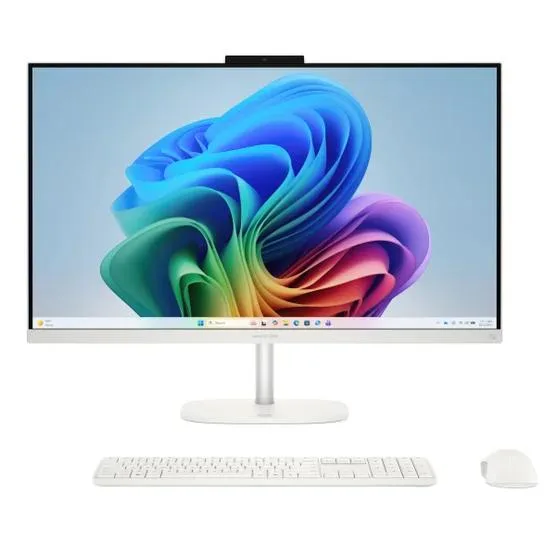 White 27-inch touchscreen all-in-one desktop with wireless keyboard and mouse