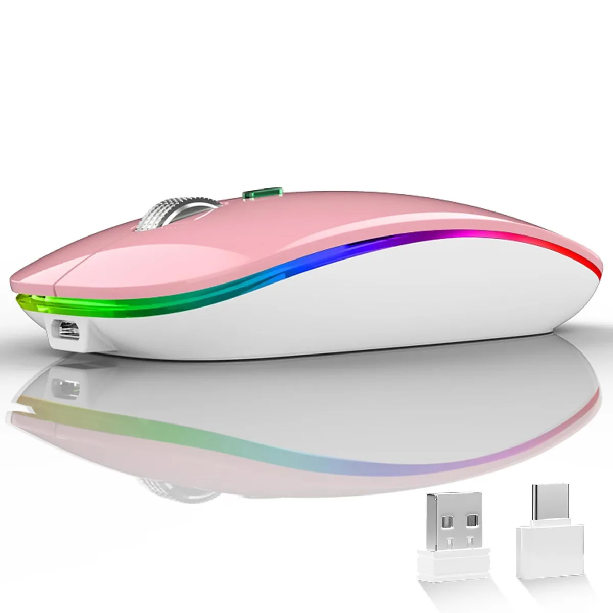 Pink slim wireless mouse with USB receiver and Type-C adapter, rechargeable, silent buttons, LED lighting