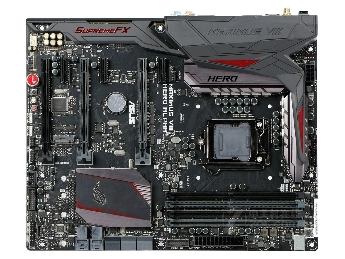 ATX motherboard black PCB red accents LGA 1151 socket DDR4 slots SATA ports