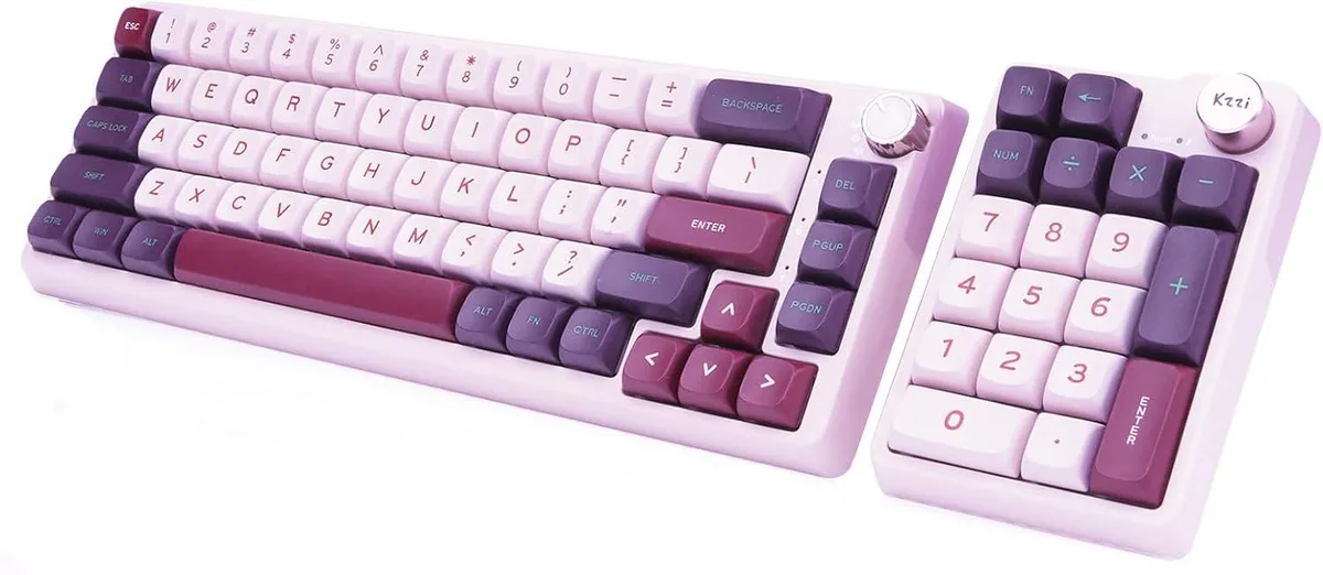 Purple 65% keyboard kit with separate 19-key number pad, both with rotary knobs