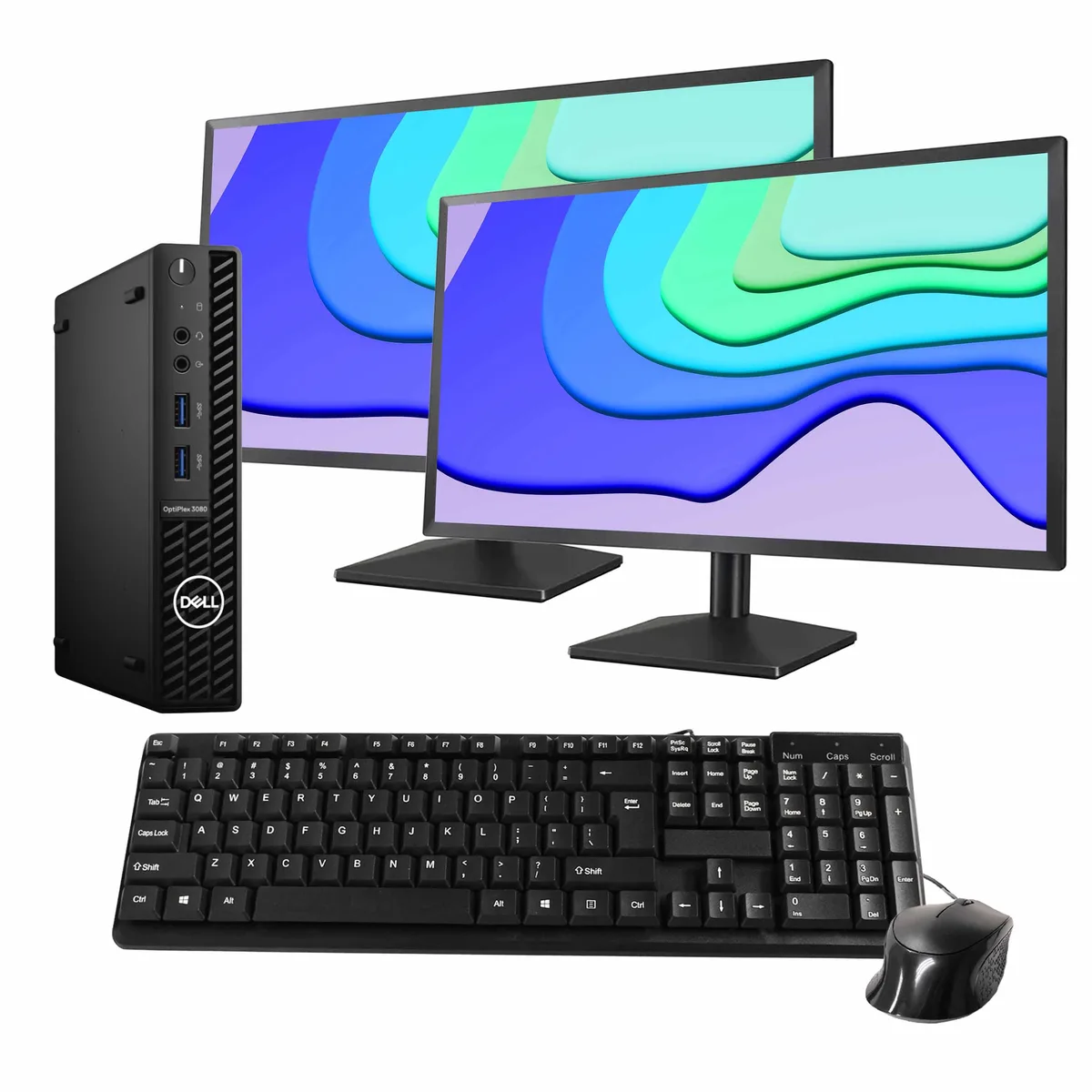Black Dell OptiPlex 3080 Mini PC with dual 24 inch monitors keyboard and mouse