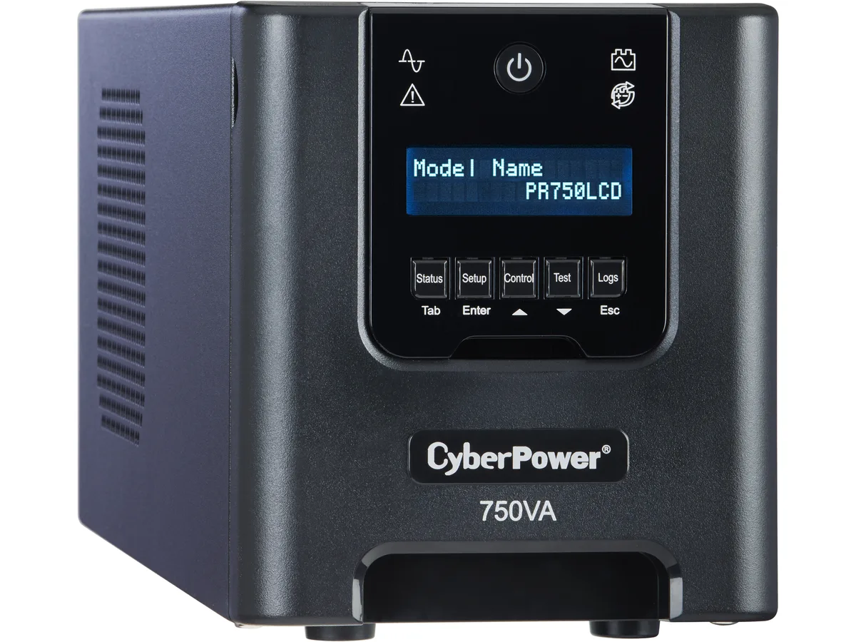 Black mini-tower UPS with extendable LCD panel and six NEMA outlets