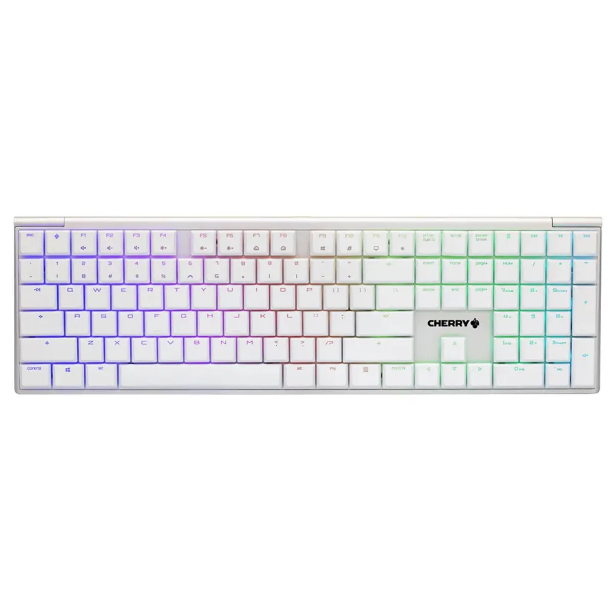 White full-size gaming keyboard, 109 low-profile keys, 22mm aluminium chassis, RGB backlighting