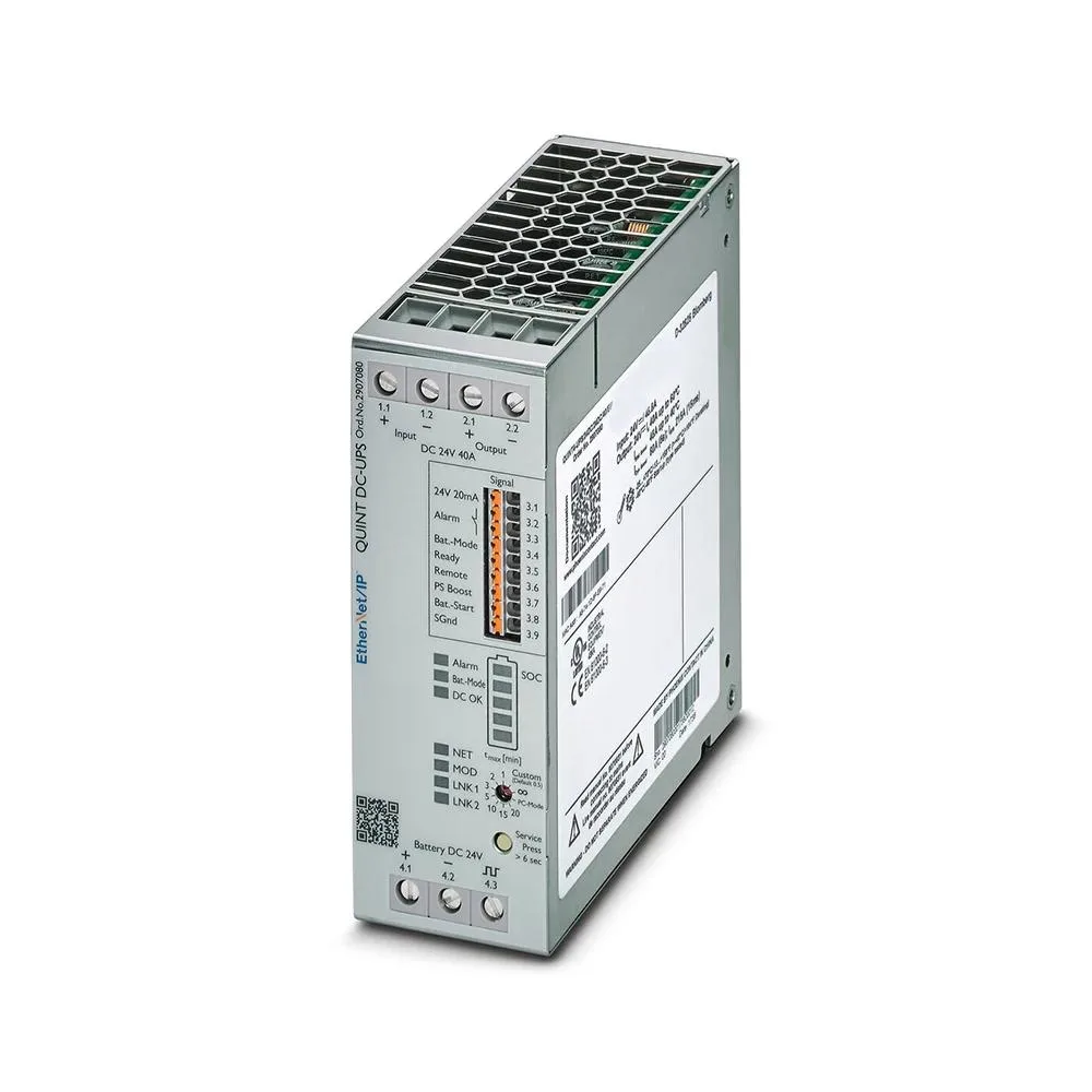 Rectangular metal UPS unit with RJ45 port and 24V 40A rating