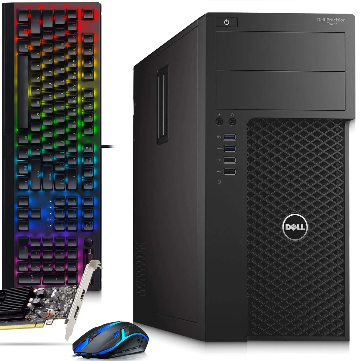 Black Dell Precision 3620 tower desktop with RGB keyboard and mouse