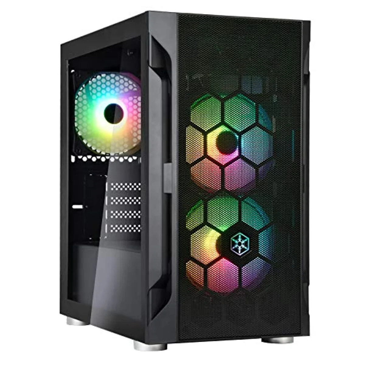 Black mid-tower case with tempered glass side panel and three 120mm ARGB fans visible through steel honeycomb mesh front