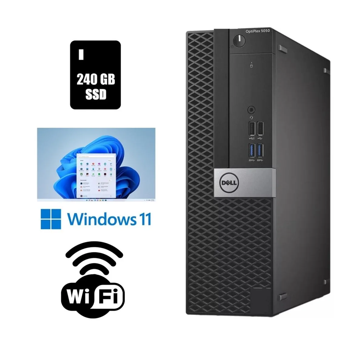 Small black desktop tower, compact form factor, front USB ports and power button visible