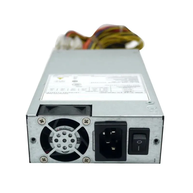 Silver 1U power supply unit with rear fan grille and cable bundle