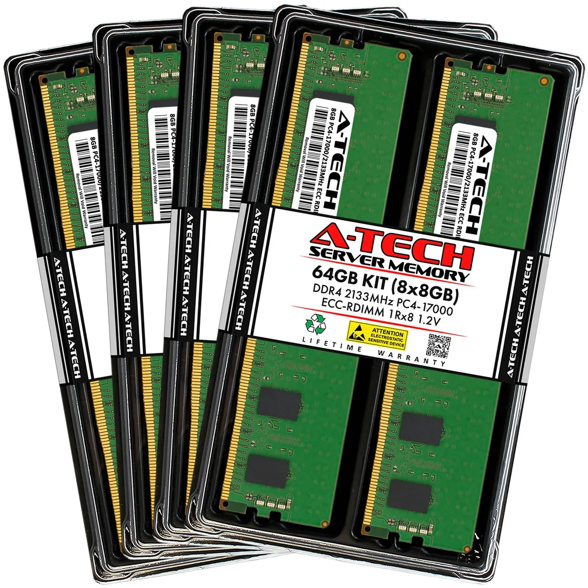 A-Tech A-Tech 64GB (8x8GB) DDR4 2133 ECC RDIMM 1Rx8 CL15 1.2V 288-Pin Server RAM — photo du produit