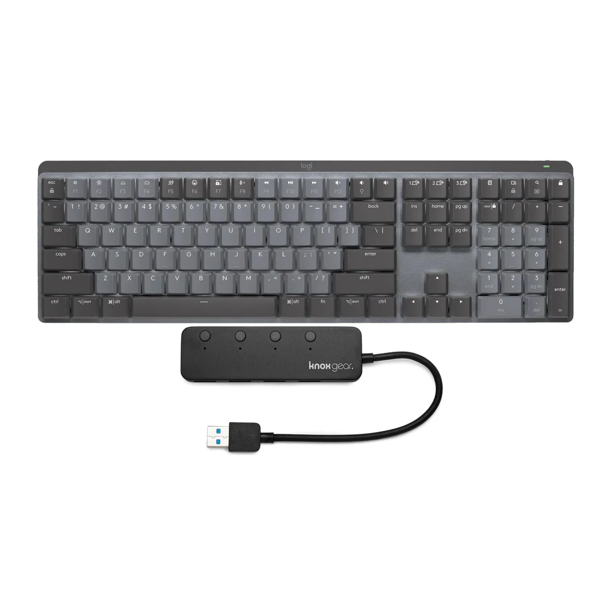 Logitech MX Mechanical full-size keyboard with matte dual-colour keycaps and Knox Gear 4-port USB 3.0 hub