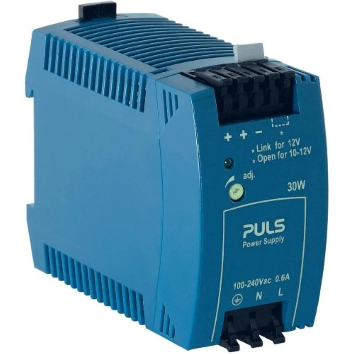 Compact rectangular plastic DIN-rail power supply, light grey finish, LED status indicator, screw terminals visible