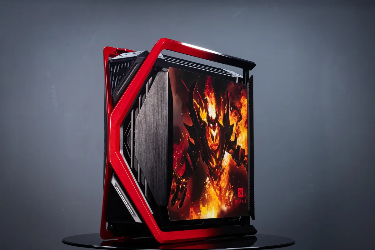 Full-tower E-ATX case with dual tempered glass panels, four 140 mm fans pre-installed, UV-printed exterior