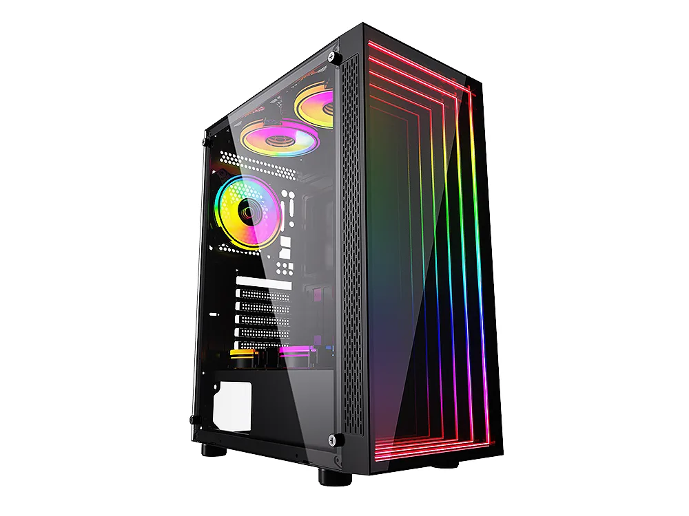 Black mid-tower ATX case with glass front mirror LED panel and tinted tempered glass side window